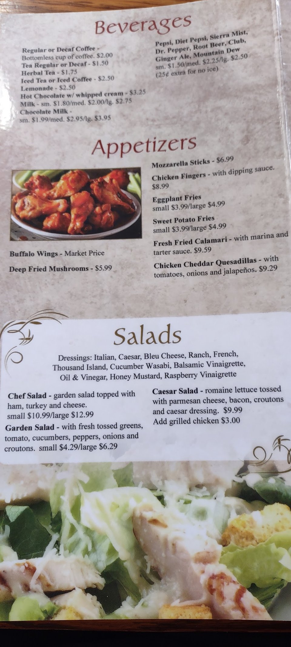 Diner menu featuring sandwiches and platters.